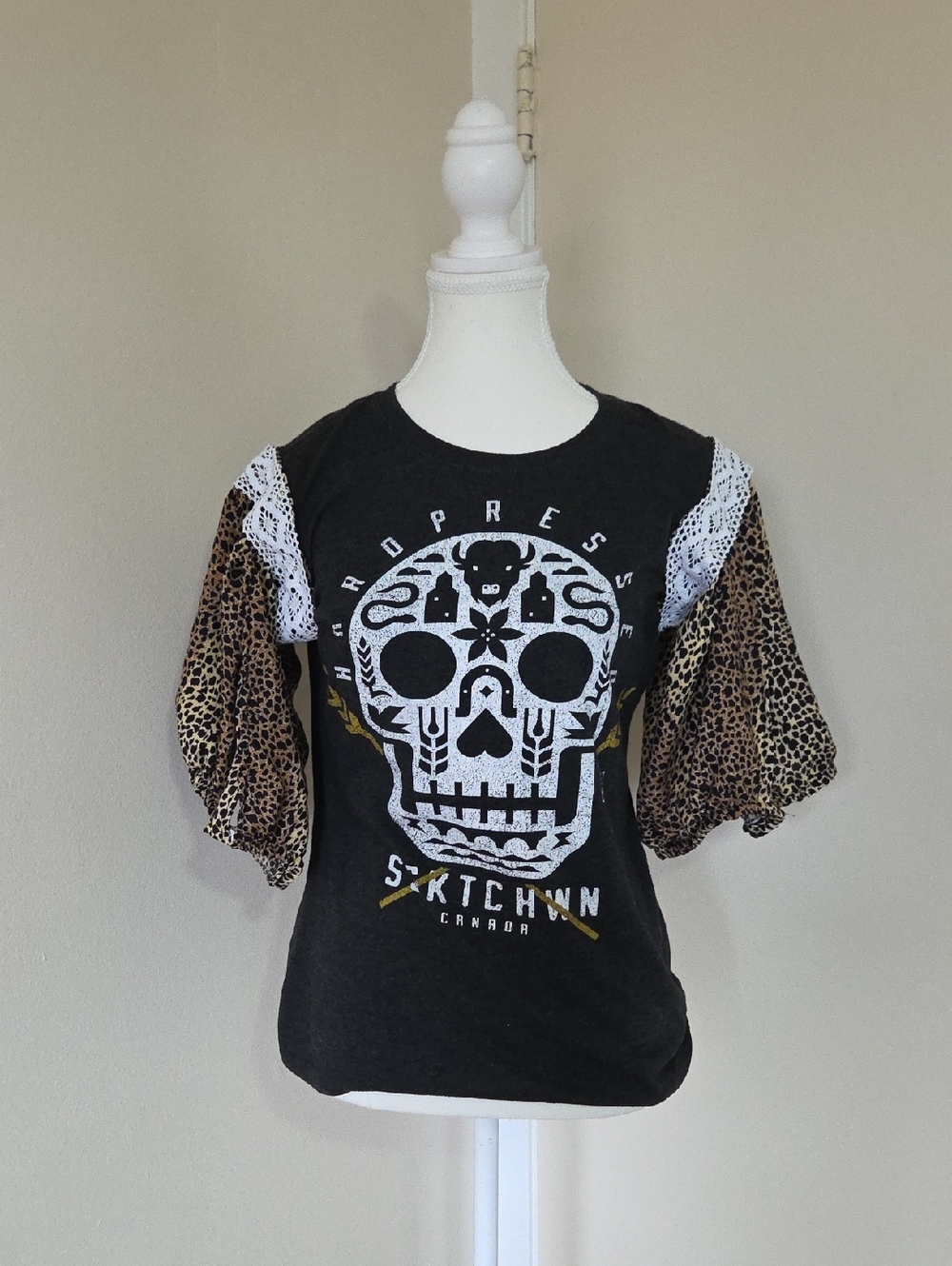 Curated Chaos By Chan - Skull Graphic Tee with Leopard Puff Sleeves